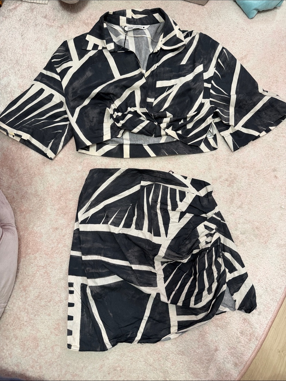 Zara Black and White Geometric Twist-Front Crop Top & Matching Skirt